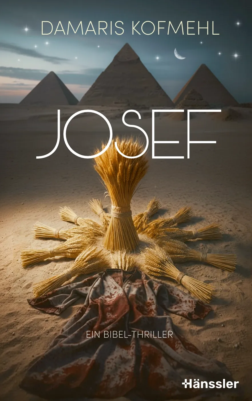 Buchcover 'Josef' von Damaris Kofmehl, Bibel-Thriller, Weizengarbe und zerrissenes Gewand vor Pyramiden bei Nacht, Hänssler Verlag