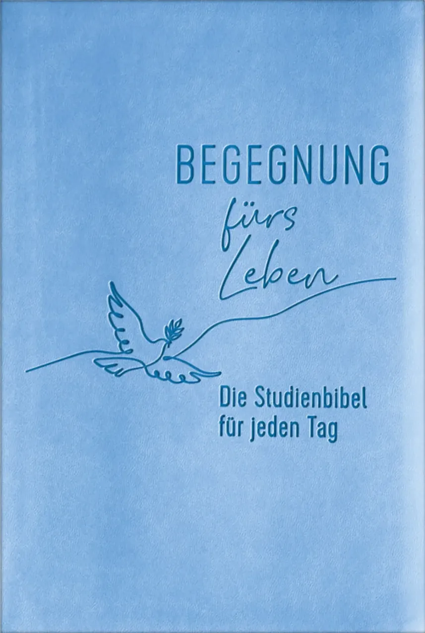 Buchcover 'Begegnung fürs Leben – Die Studienbibel für jeden Tag', hellblaues Kunstleder-Design mit Taube und Ölzweig, SCM R.Brockhaus